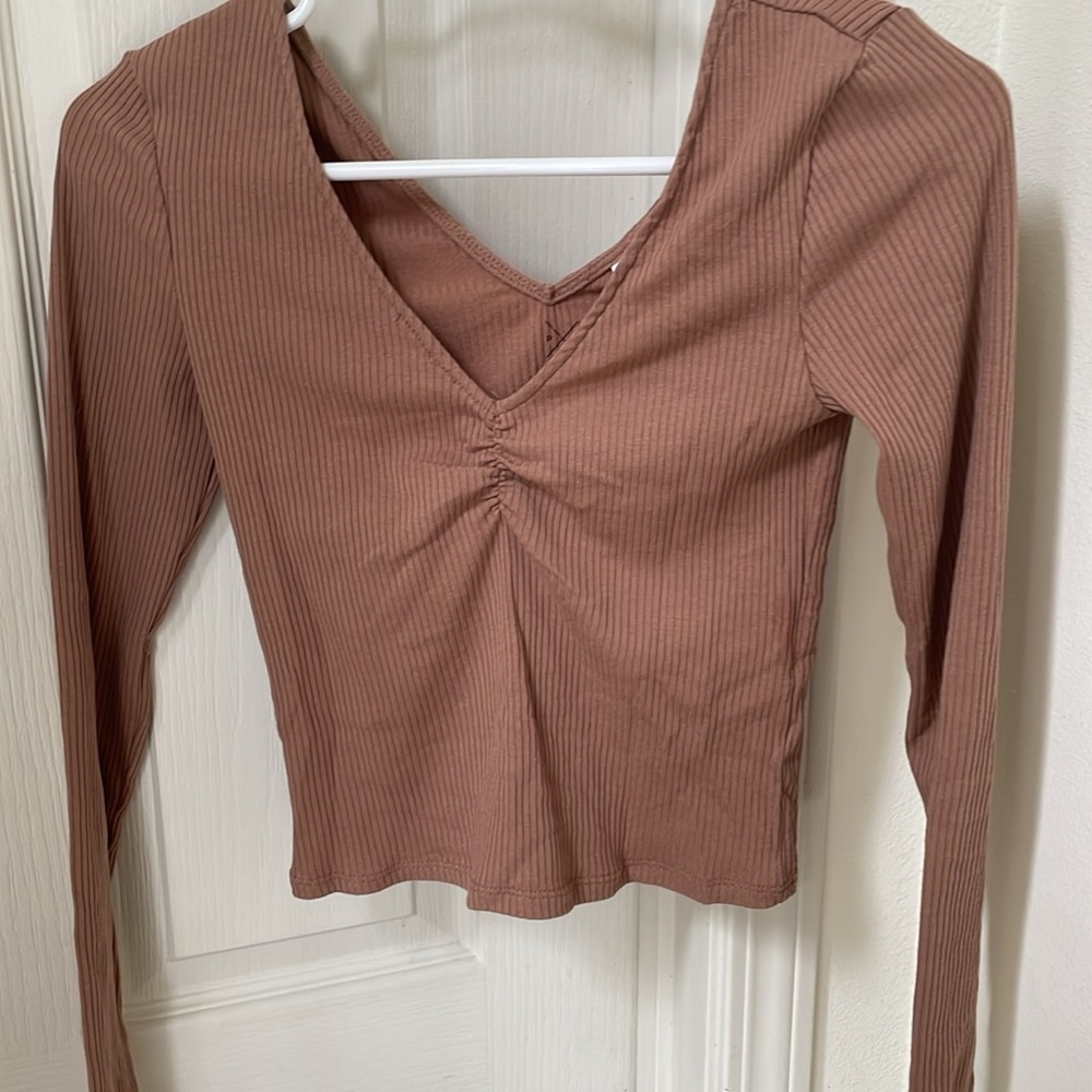 NWT PacSun Crop long sleeve light brown ribbed  cinched shirt